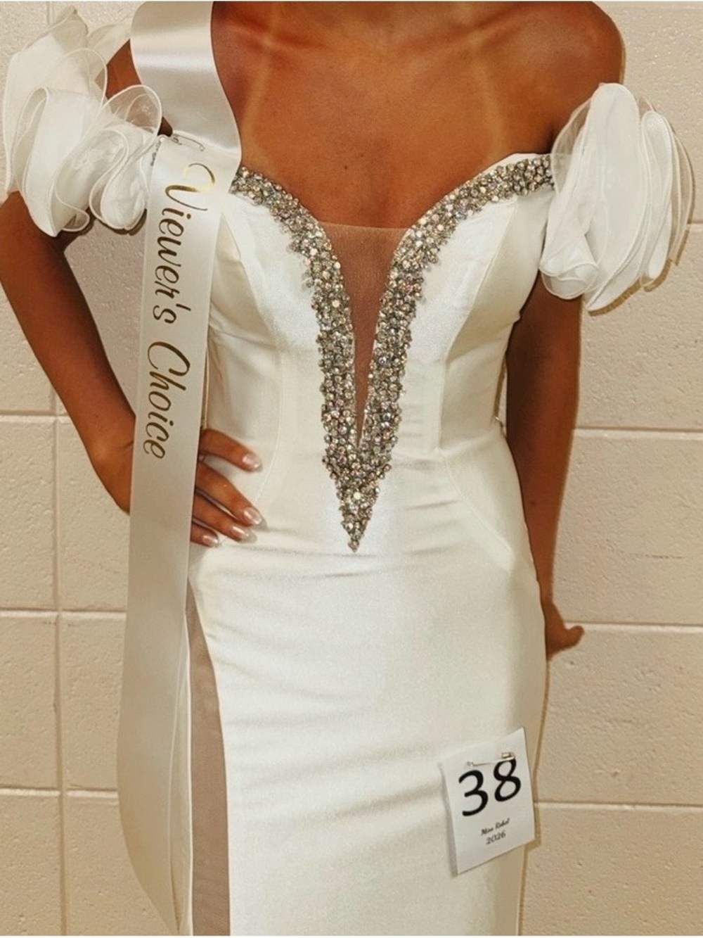 White Off-Shoulder Evening Dress with Crystal Plunge
